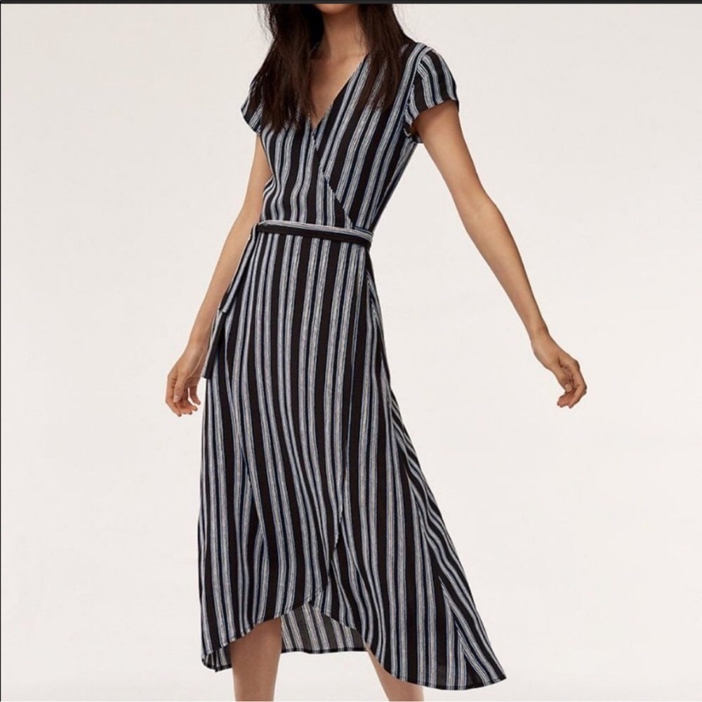 Aritzia Wilfred Free Striped Wrap Dress Tulip Hem Black Blue White Size Medium